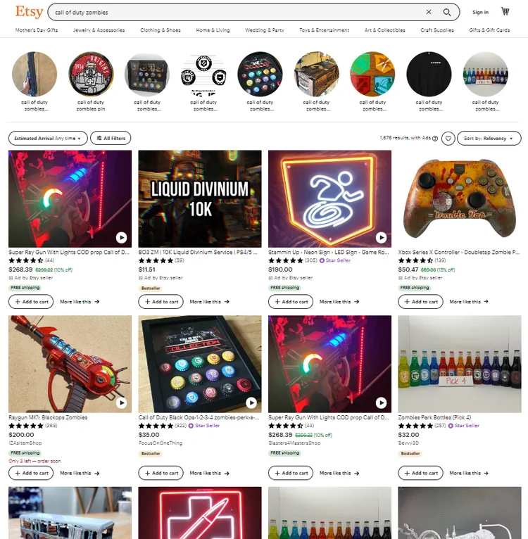 Screen shot of zombies gifts on etsy website